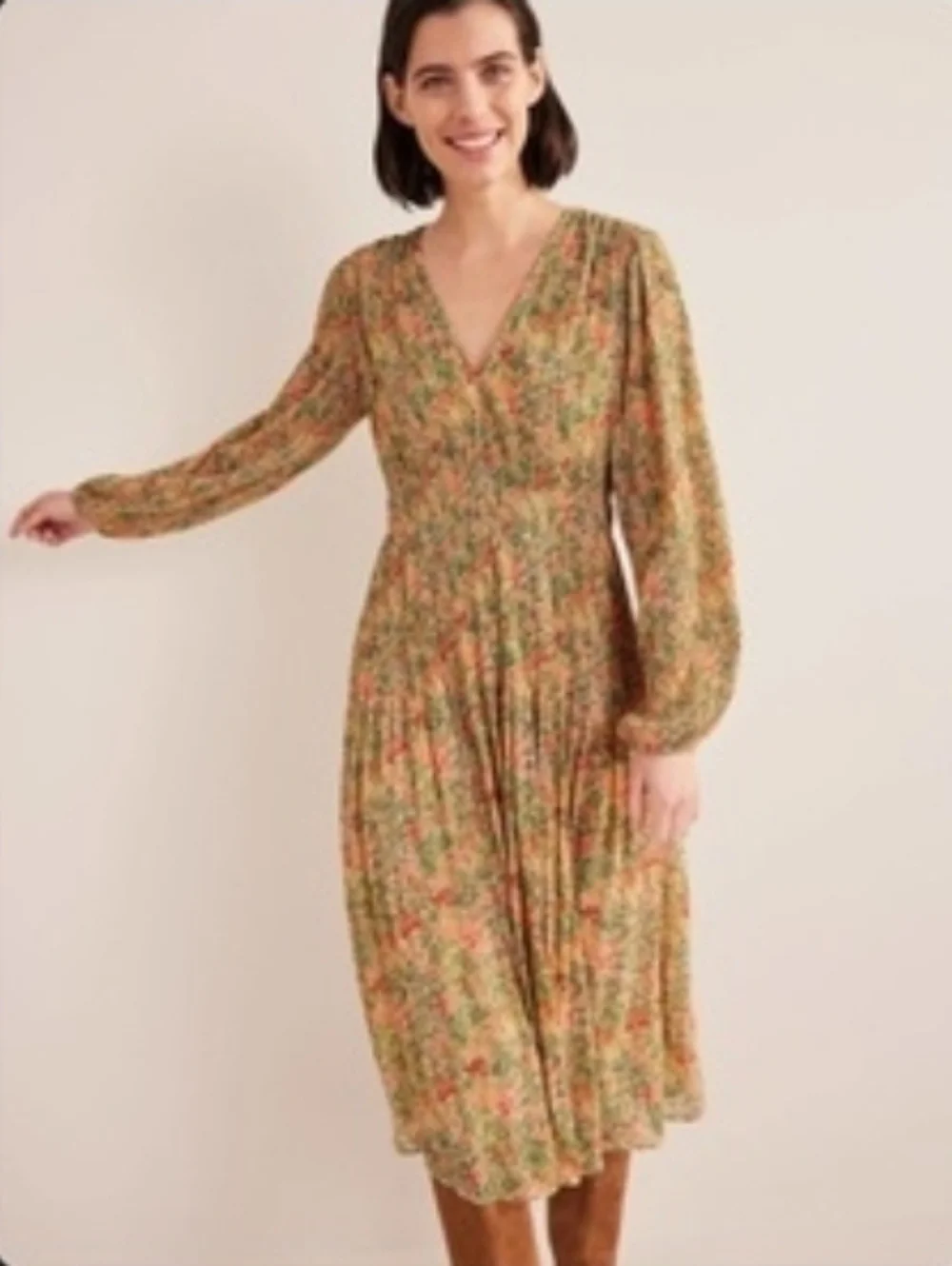 Boden Floral V-Neck Long Sleeve Midi Dress in Green and Beige - Size 14R - Picture 2 of 11